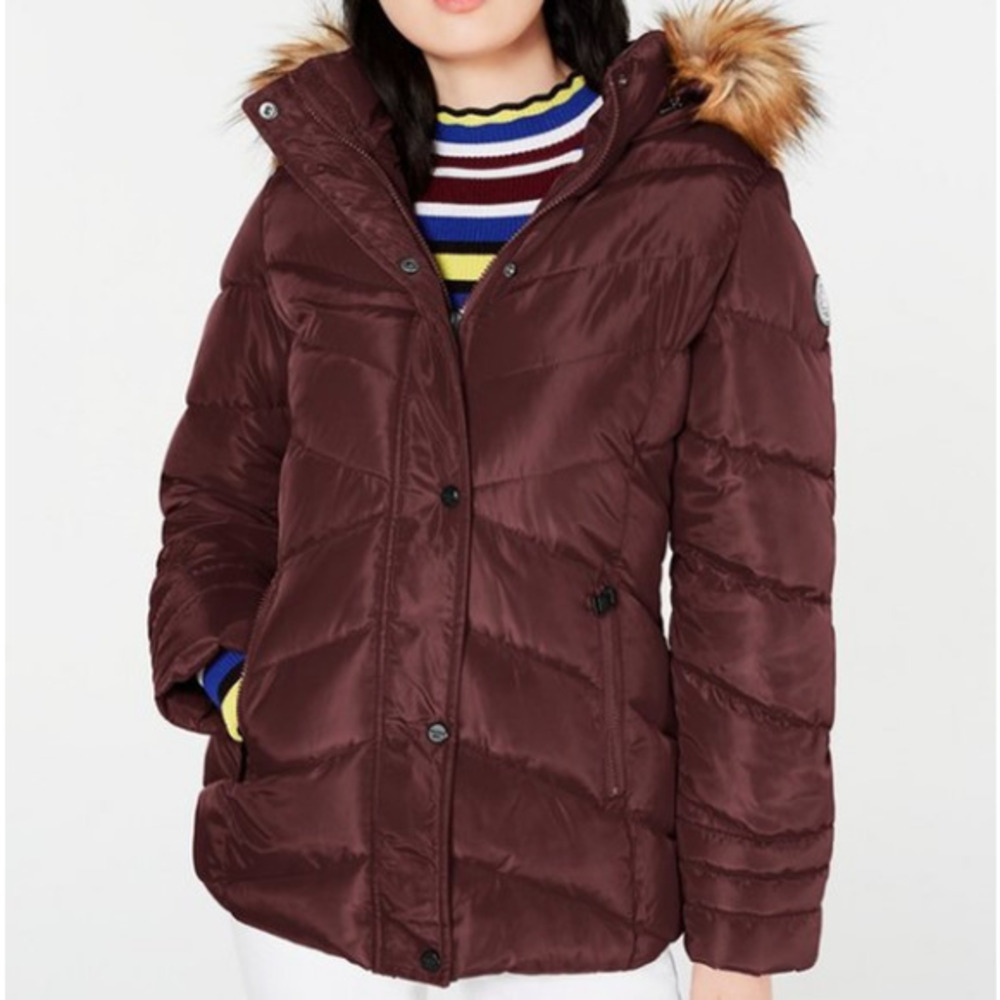 Burgandy Madden Girl quilted parka with removable faux fur hood NWT M and L